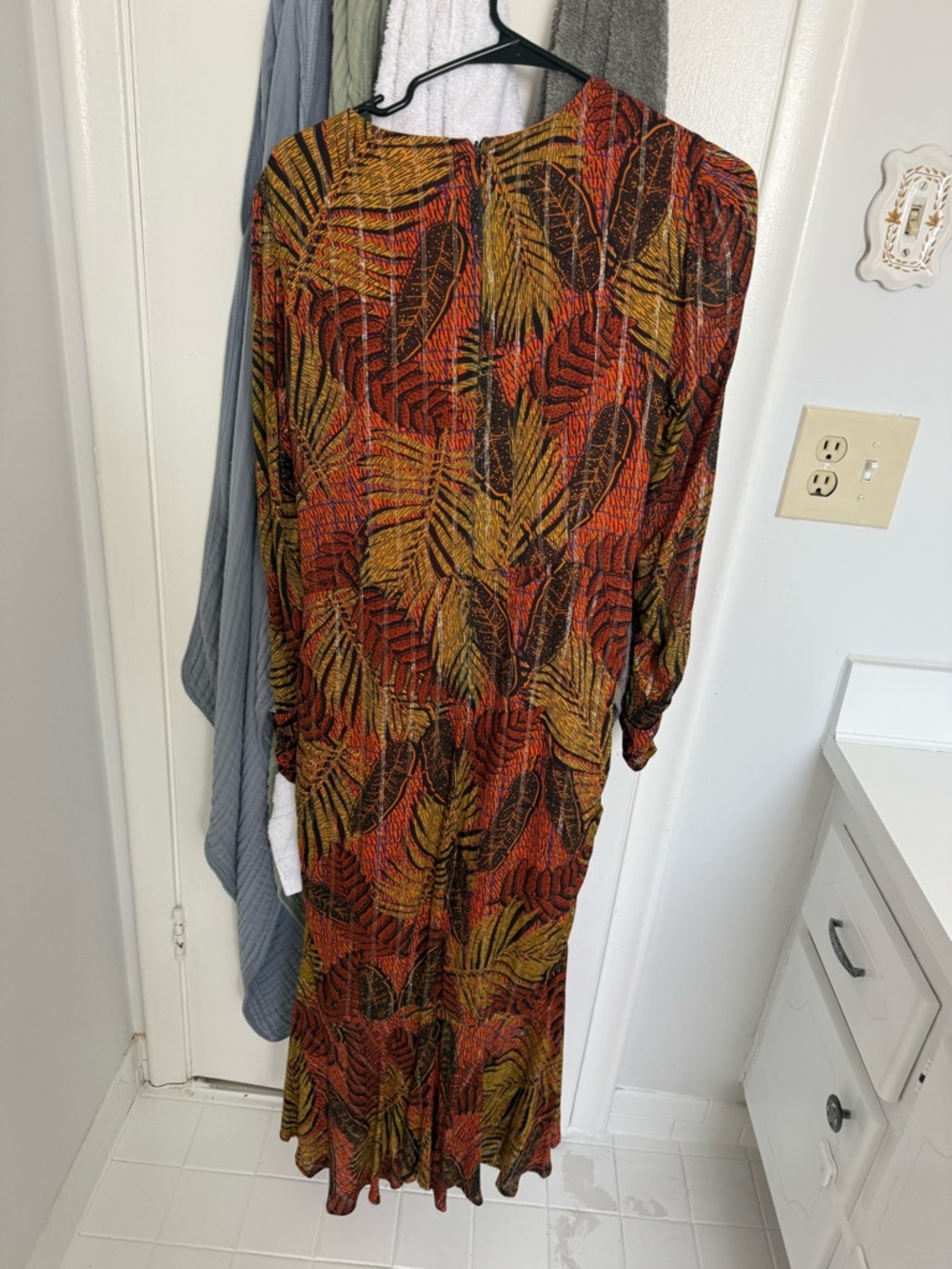 Autumn Leaf Print Long Dress in Rust, Mustard & Black